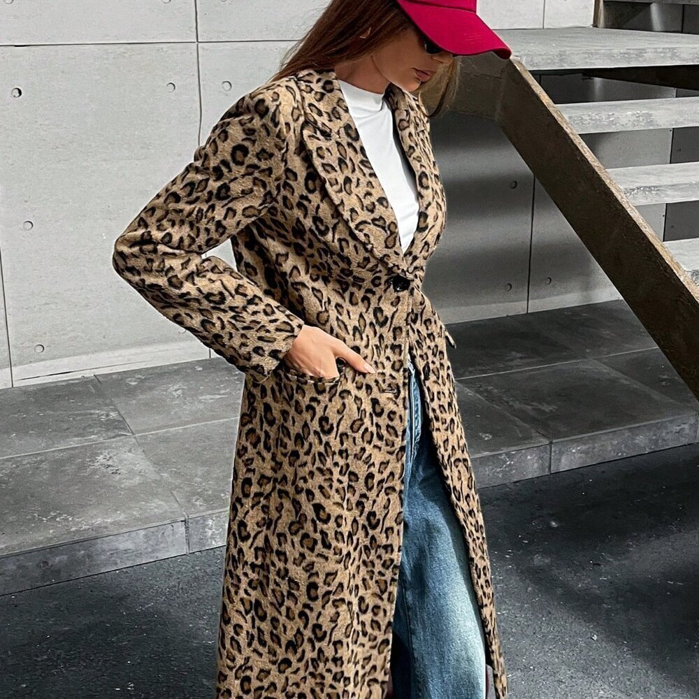 Multicolor Casual Women's Leopard Print Knitted Cinched Waist Stand Collar Coat - Picture 7 of 7